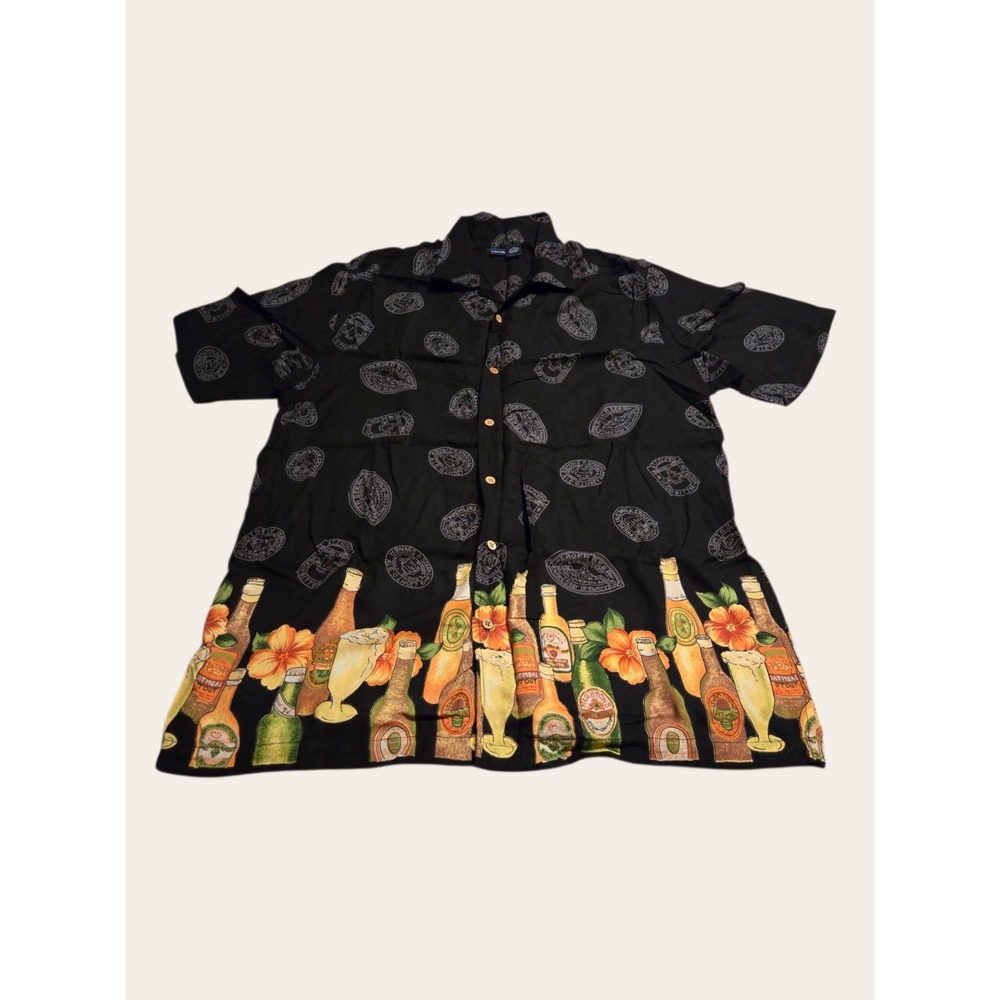 Hawaiian Cherokee Shirt Rayon Beer Bottle Print Distressed Mens Sz XL Black Gray